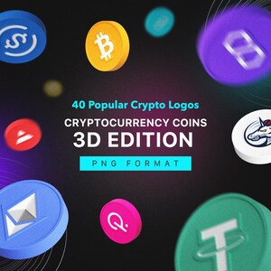 Könnte beinhalten: 40 beliebte Krypto-Logos Kryptowährungen 3D-Edition PNG-Format. Eine Sammlung von 3D-gerenderten Kryptowährungslogos, darunter Bitcoin, Ethereum und Tether.
