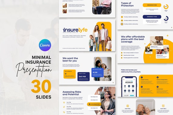 Insurance Company Profile Presentation: Editable Canva Template (30 Slides, Instant Download)