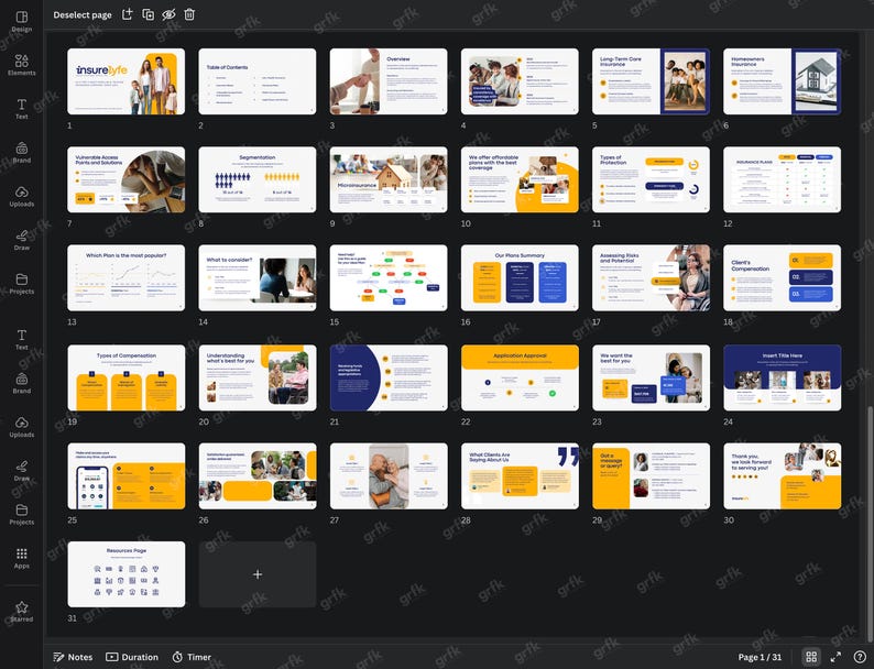 May include: A presentation with 31 slides about insurance. The slides are in a dark gray background with yellow and blue accents. The slides contain text, charts, and images. The title of the presentation is "Insurelyte".