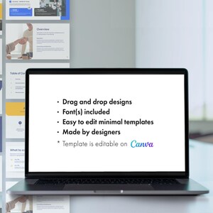 May include: A laptop screen displaying a list of features for a presentation template. The features include drag and drop designs, fonts included, easy to edit minimal templates, made by designers, and the template is editable on Canva. The laptop is on a white table with a grfk logo in the bottom right corner.