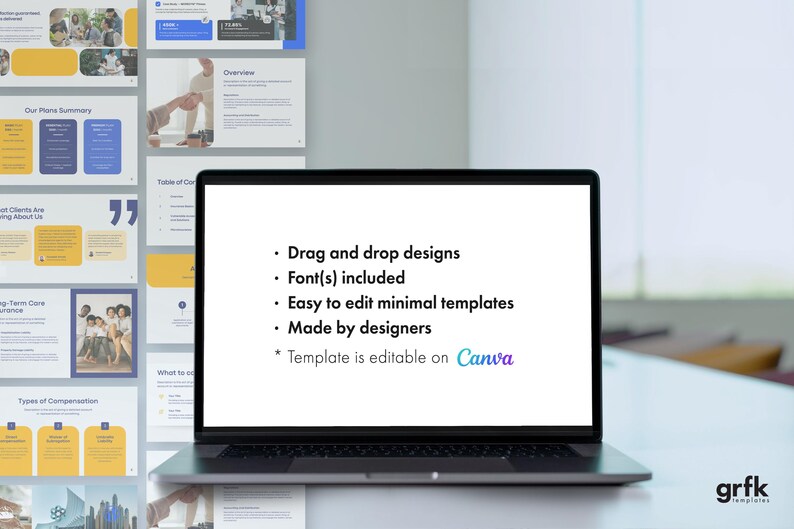 May include: A laptop screen displaying a list of features for a presentation template. The features include drag and drop designs, fonts included, easy to edit minimal templates, made by designers, and the template is editable on Canva. The laptop is on a white table with a grfk logo in the bottom right corner.