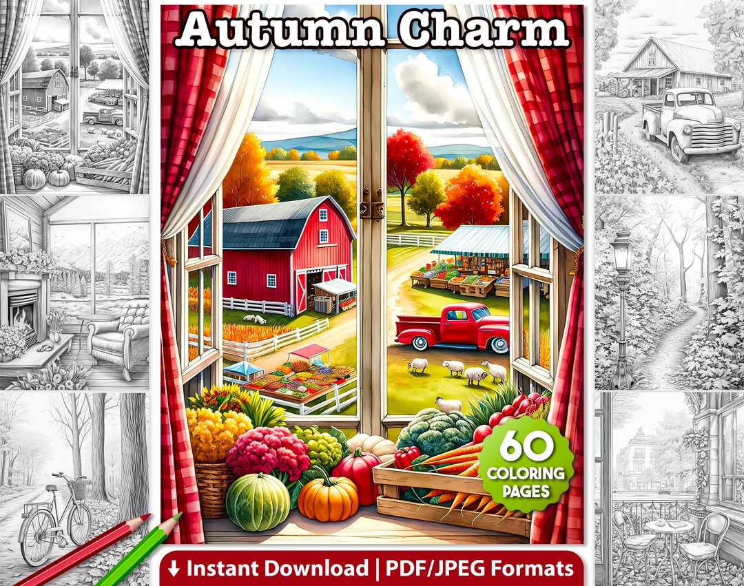 60 Autumn Charm Grayscale Coloring Pages Instant Digital - Etsy