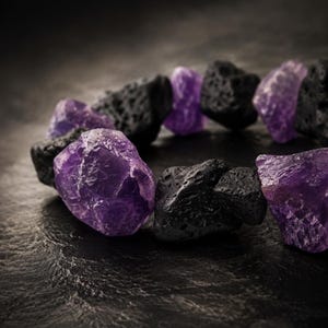 Op de afbeelding: Een armband bestaande uit afwisselende ruwe amethist- en zwarte lavasteen kralen. De amethiststenen zijn diep paars en de lavasteen kralen hebben een poreuze textuur. De armband wordt gepresenteerd op een donkere, getextureerde ondergrond.