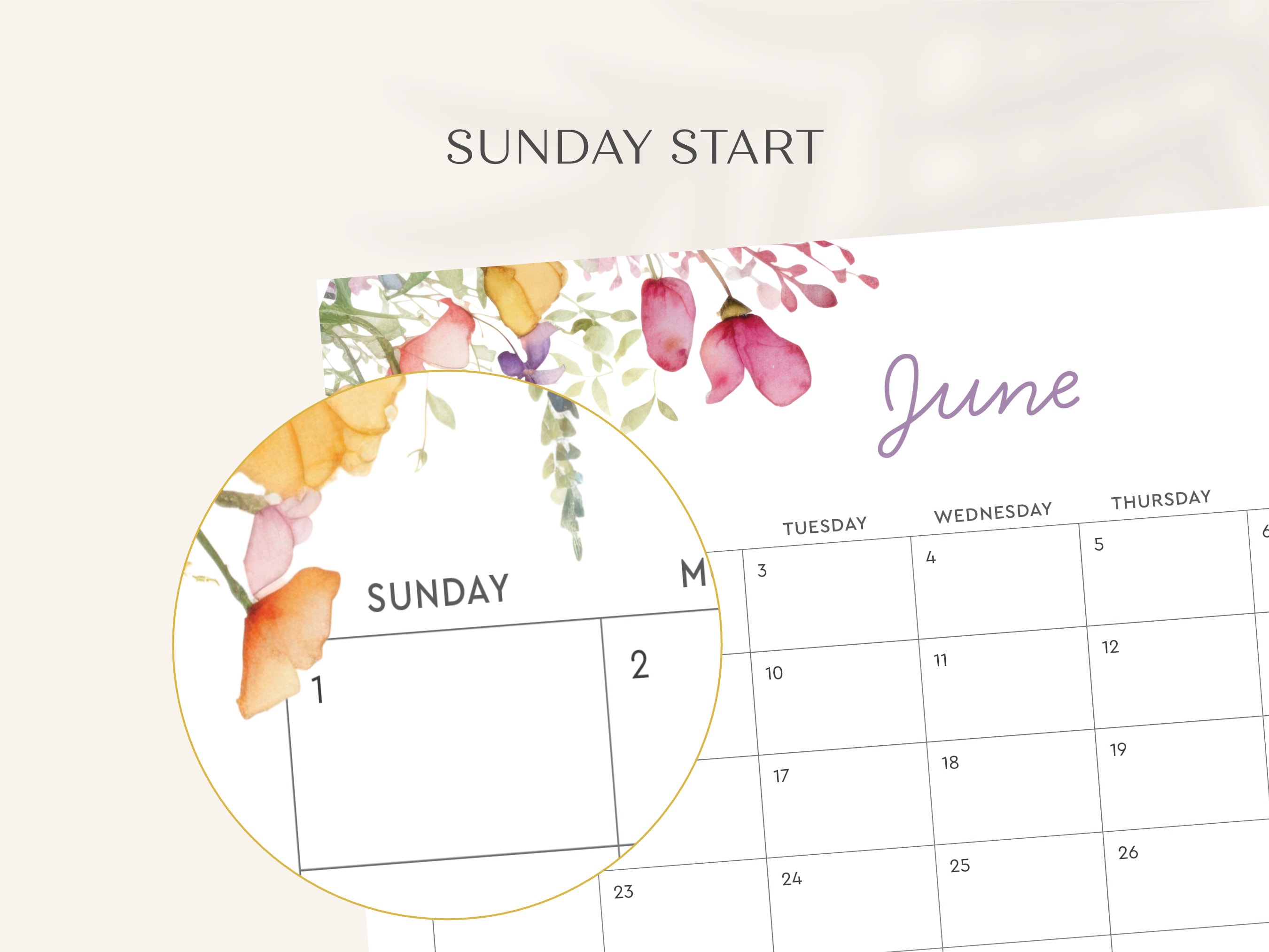 Digital 2025 Flower Calendar Printable, Sunday Start PDF, A3, A4 and A5 ...