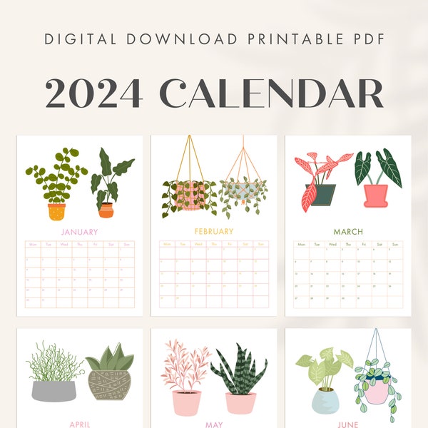 2024 Printable Digital Calendar, Indoor Plants Design, Sunday Monday Start, Vertical Calendar, US Letter, Half Letter, A3, A4 and A5 sizes