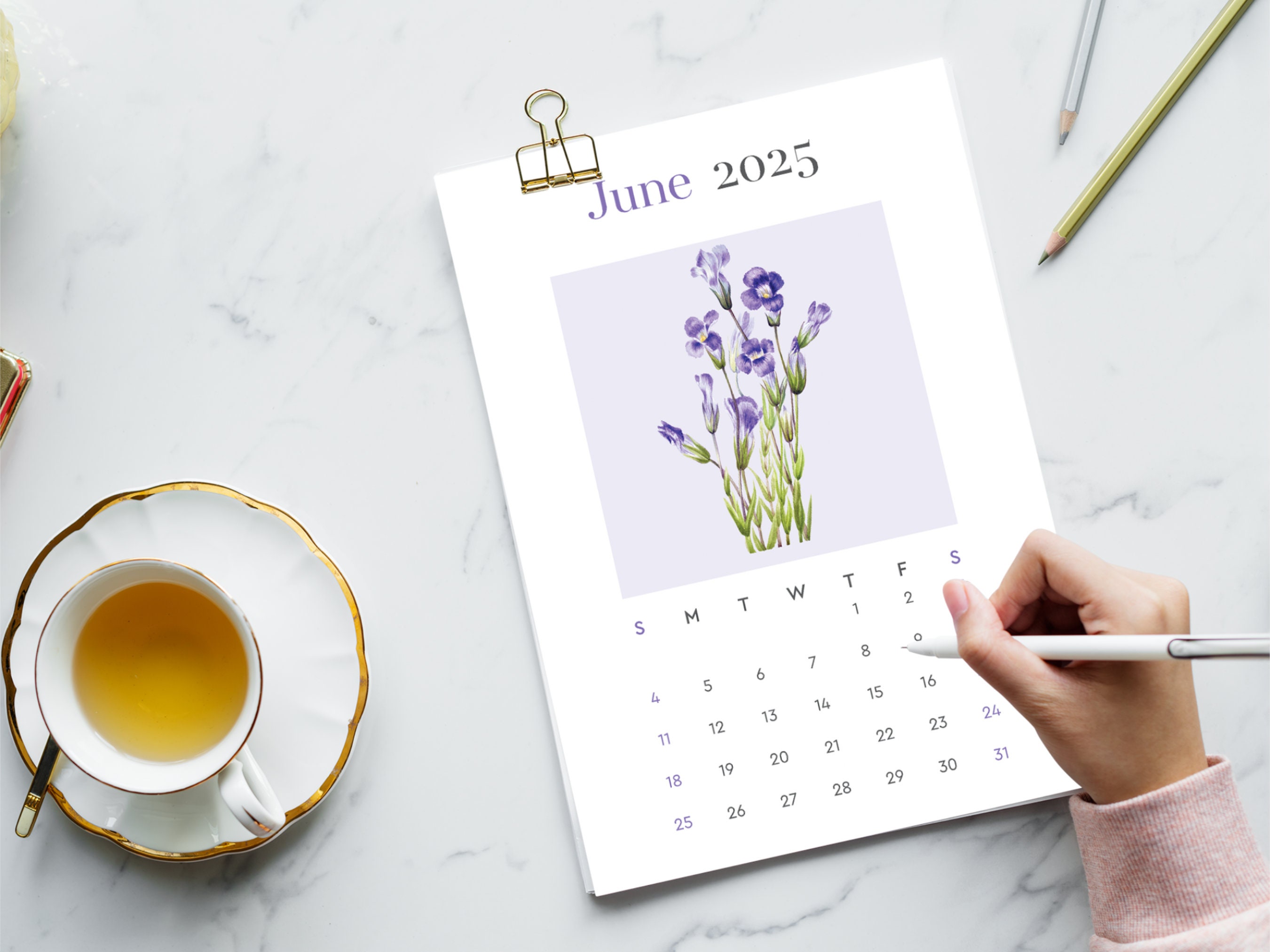 2025 Vintage Flower Calendar Printable, Digital Sunday Start PDF, A3
