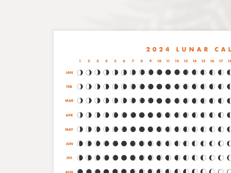 Calendario Lunar 2024 imprimible PDF, Descarga digital del Calendario