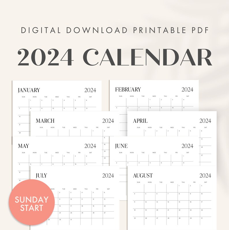 2024 Printable Calendar Landscape, Monthly Planner, Sunday Start PDF