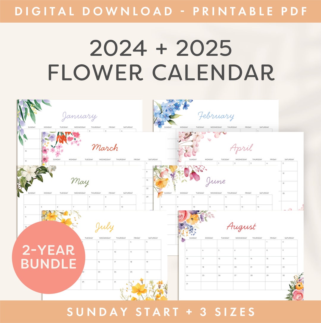 Printable 2024 and 2025 Monthly Calendar Bundle, Sunday Start PDF