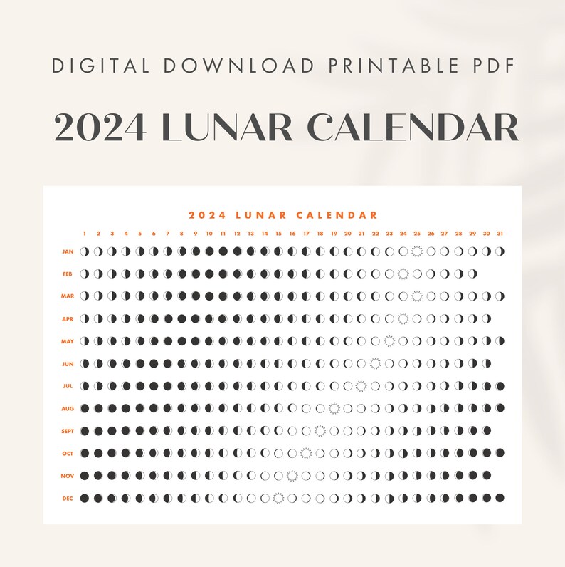 Calendario Lunar 2024 imprimible PDF, Descarga digital del Calendario