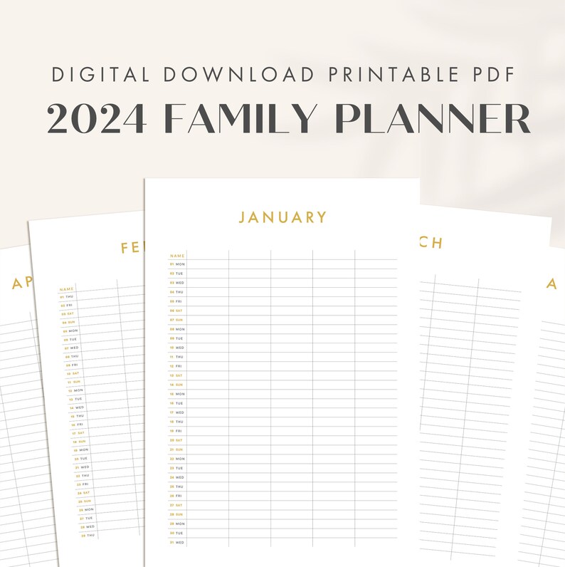 2024 Printable Family Planner Calendar, Digital Family Organiser, Minimalist Design, Etsy