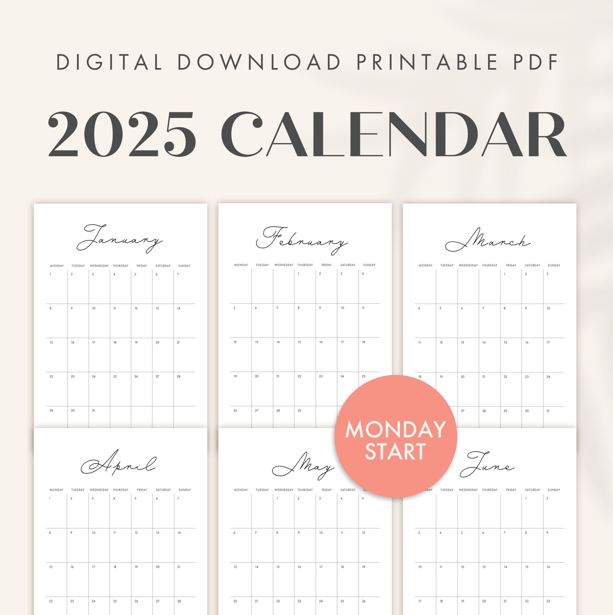2025 Calendar Printable, Digital Monthly Planner, Monday Start PDF