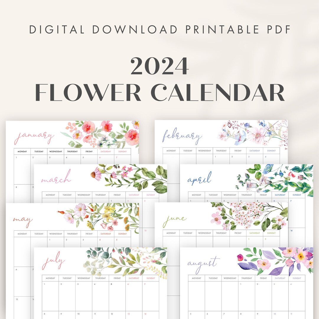 2024 Floral Monthly Calendar Printable, Sunday Monday Start, US Letter