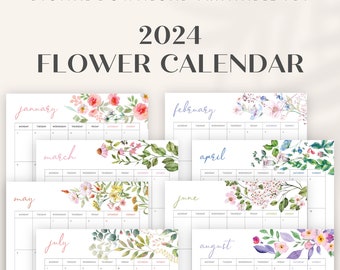 Calendrier mensuel floral 2024 imprimable, début dimanche lundi, lettre US, demi-lettre US, PDF A3, A4, A5, téléchargement immédiat