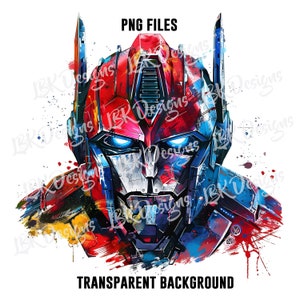 May include: A colorful digital art print of Optimus Prime's head, featuring a vibrant mix of red, blue, and yellow paint strokes. The image includes the text "PNG FILES" and "TRANSPARENT BACKGROUND".