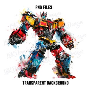 May include: A colorful watercolor illustration of a robot in a dynamic pose. The robot is primarily red, yellow, and blue, with black accents. The image includes the text "PNG FILES" and "TRANSPARENT BACKGROUND".
