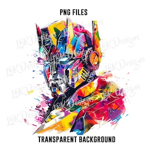 Puede incluir: Una ilustración abstracta colorida de una cabeza de robot con un esquema de color amarillo, rojo, azul y verde. La cabeza del robot está sobre un fondo blanco.