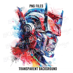 Puede incluir: Una ilustración digital de la cabeza de un robot en un estilo abstracto y colorido. La cabeza del robot es roja, azul y plateada con un ojo azul. El fondo es una mezcla de salpicaduras de pintura de acuarela azul, roja, amarilla y verde.
