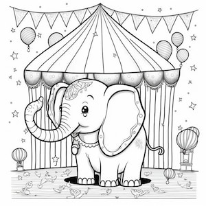 May include: A black and white line drawing of a cute elephant standing in front of a circus tent. The elephant has a bell around its neck and is wearing a decorative collar. The tent has striped curtains and a star-shaped pattern on the top.