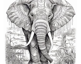 Elephant coloring book, digital download, multiple pages, adult coloring book