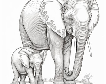 Mother and baby elephant coloring pages, digital download
