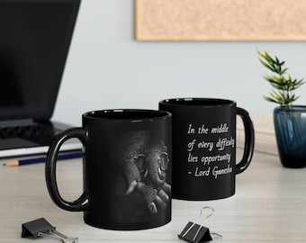 11oz Black Mug, elephant, henna hand