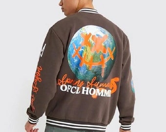 Unisex Oversize Brown Embroidered Bomber College Jacket