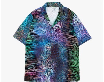 Leopard Short Sleeve Oversize Patterned Multicolored Men's Shirt