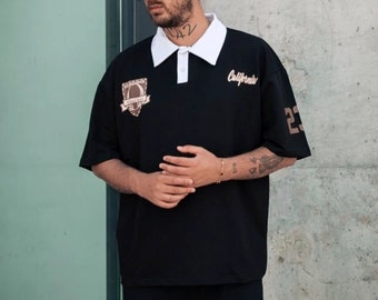 California 23 Oversize Printed Black Polo T-Shirt