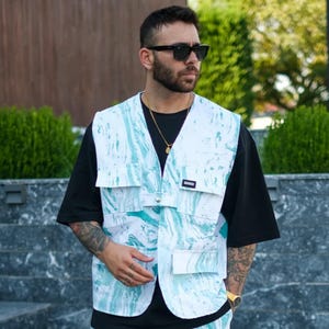 Oversized Batik Denim Vest: Men&#39;s Streetwear Fashion