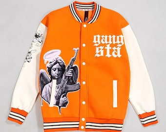 Gangsta Men's Orange Bomber College Jacket