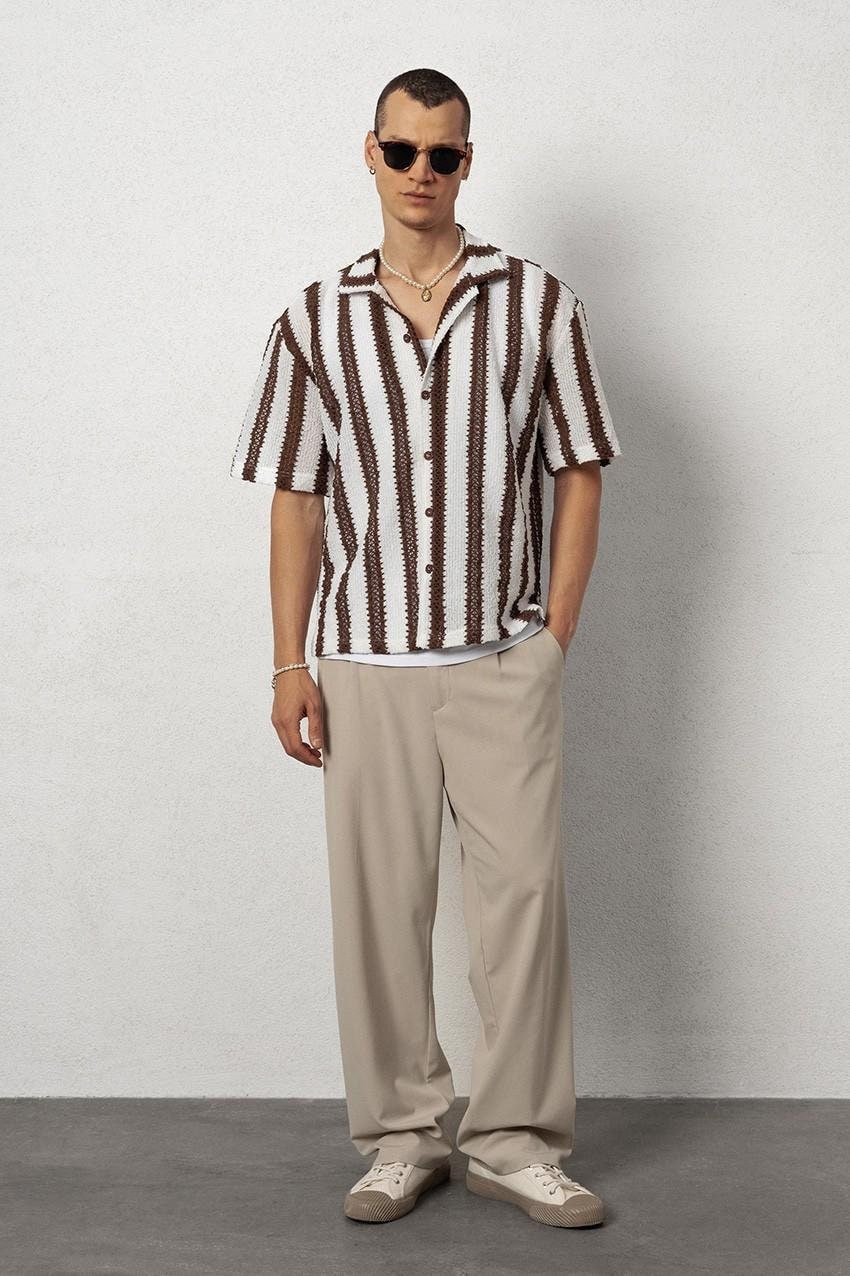 Men's Abstract Brown Striped Print Slim Fit Co-ords