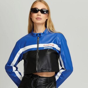 Women's Cropped Leather Biker Jacket – Blue Striped Moto Style Zip-up ...