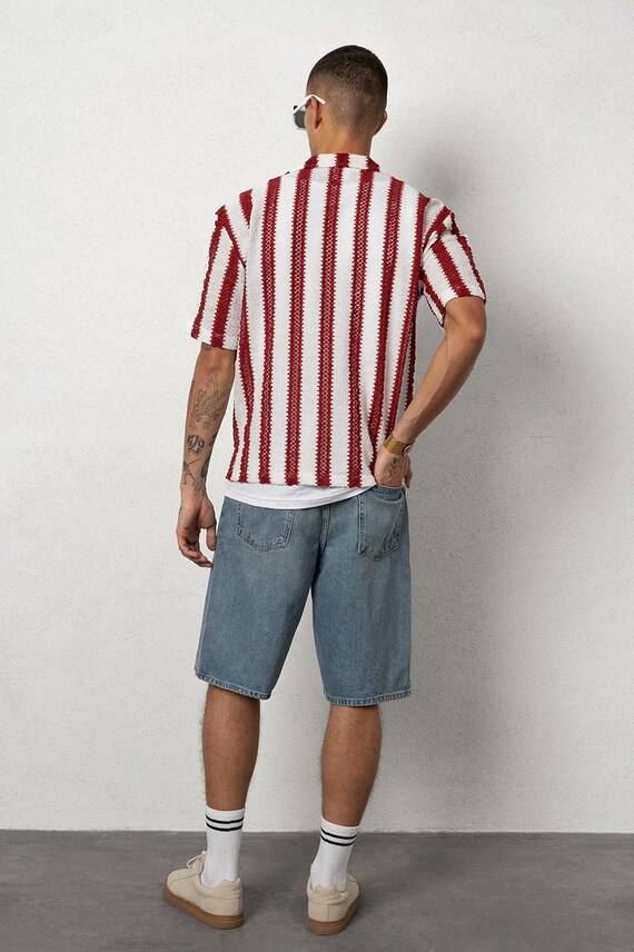 Chemise Homme Tricot Rayée Rouge À Manches Courtes Coupe Regular