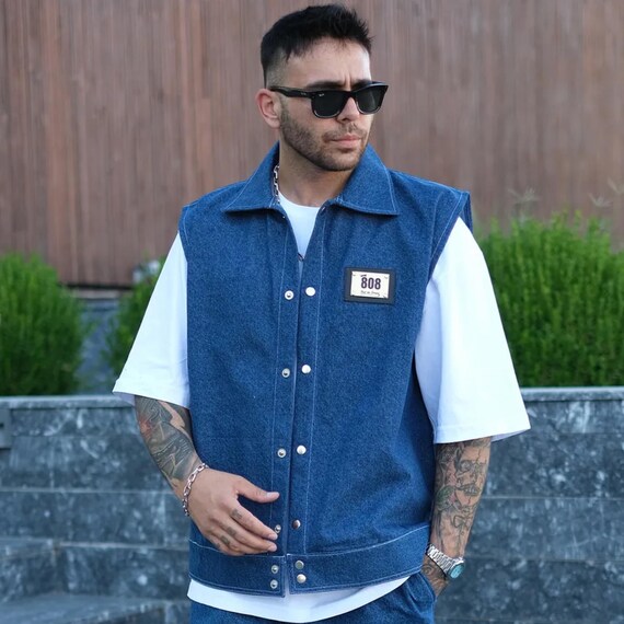 Men's Denim Vest Oversized Basic Jean Sleeveless Jacket for