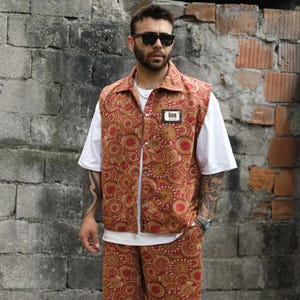 Vest for Men Circular Ethnic Pattern  – Motif Textured Waistcoat - Boho Chic Layering Piece - Unique Woven Vest - Festival & Casual Wear