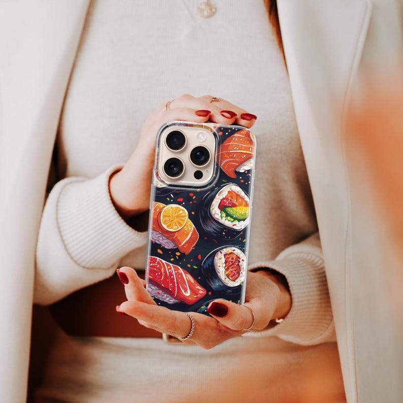 寿司柄のかわいい日本の食べ物柄のスマホケース iPhone 17、16e、15、14、13 Pixel 10A、9A、9Pro XL、8A、7A、6 Samsung S26、S25Fe、A56 対応 画像 11