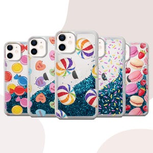 Colorful Candy Liquid Glitter Phone Case for iPhone 15 14 13 12 11 XR SE Plus Pro Max Hearts Sparkles Canes Macaroons Berries