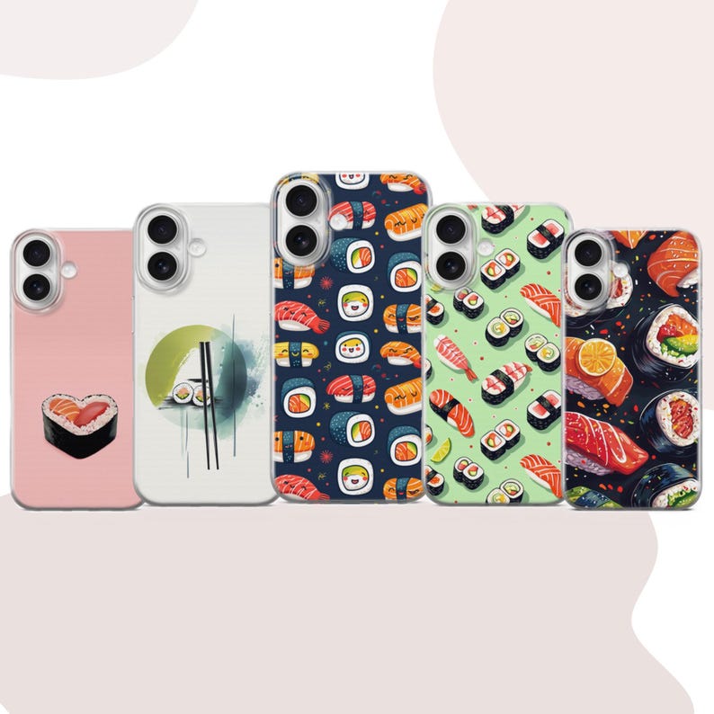寿司柄のかわいい日本の食べ物柄のスマホケース iPhone 17、16e、15、14、13 Pixel 10A、9A、9Pro XL、8A、7A、6 Samsung S26、S25Fe、A56 対応 画像 1