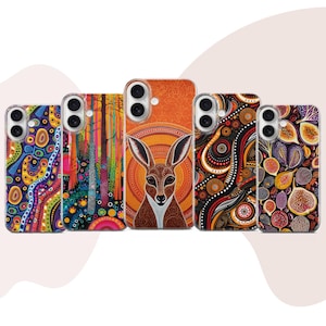 Row of slim Aboriginal dot art phone case designs, orange kangaroo portrait and colorful dot painting covers