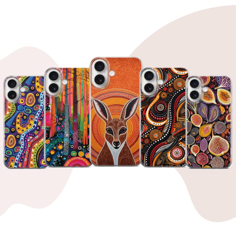 Row of slim Aboriginal dot art phone case designs, orange kangaroo portrait and colorful dot painting covers