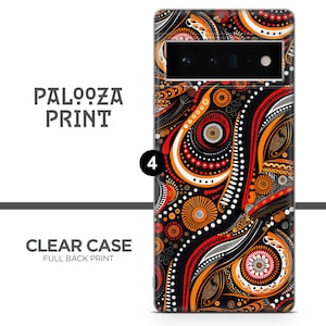 Dark backdrop with flowing red, gold and black dot patterns on an Aboriginal dot art phone case, dot painting phone cover