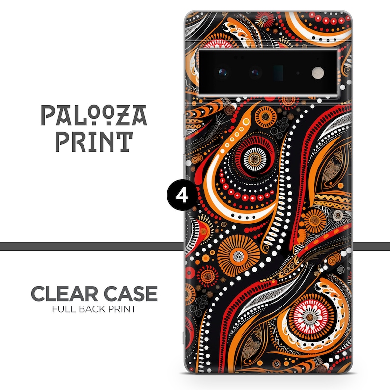 Dark backdrop with flowing red, gold and black dot patterns on an Aboriginal dot art phone case, dot painting phone cover