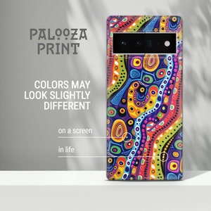 Upright view of wavy multicolor dotted lines on an Aboriginal dot art phone case, Australian dot art phone cover shown full