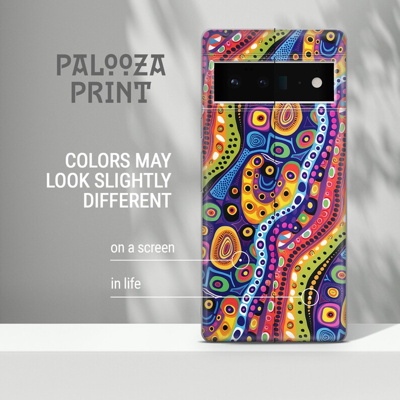 Upright view of wavy multicolor dotted lines on an Aboriginal dot art phone case, Australian dot art phone cover shown full