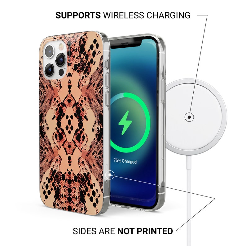 May include: A clear phone case with a pink and black snake skin pattern. The case is compatible with wireless charging. The text "SUPPORTS WIRELESS CHARGING" and "SIDES ARE NOT PRINTED" is visible in the image.