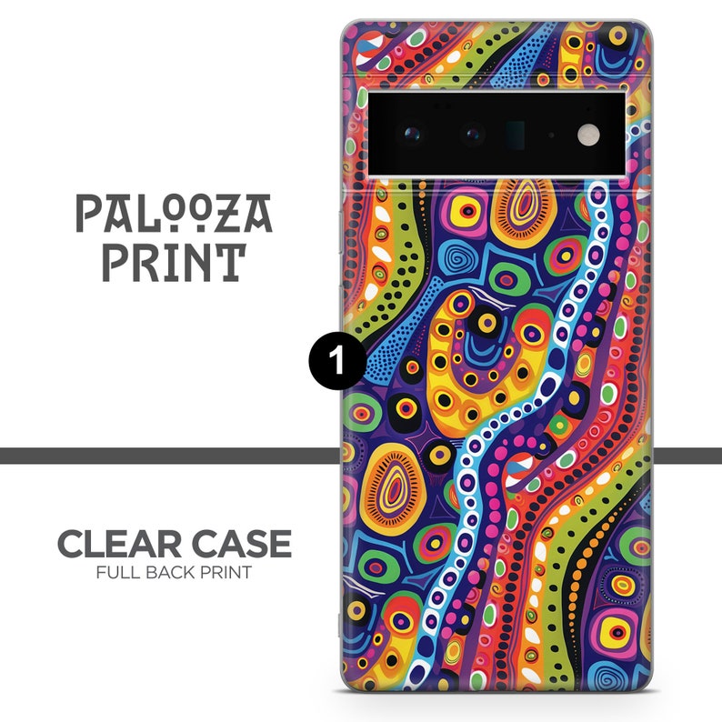 Close front view of vibrant swirling dots on an Aboriginal dot art phone case, TPU protective phone case finish