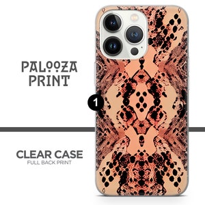 May include: A clear phone case with a full back print of a pink and black snake skin pattern. The case is designed for an iPhone 14 Pro.
