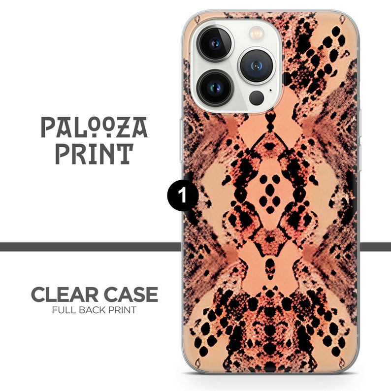 May include: A clear phone case with a full back print of a pink and black snake skin pattern. The case is designed for an iPhone 14 Pro.