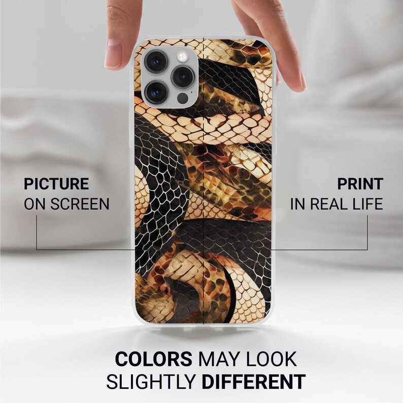 May include: A clear phone case with a snake skin pattern in shades of brown, black, and gold. The case is designed for an iPhone with a triple camera lens.